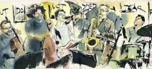 Colored sketch of musicians with instruments playing on the Black Dog stage.